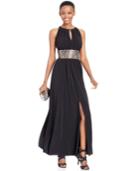 R & M Richards Beaded-waist Halter Evening Gown