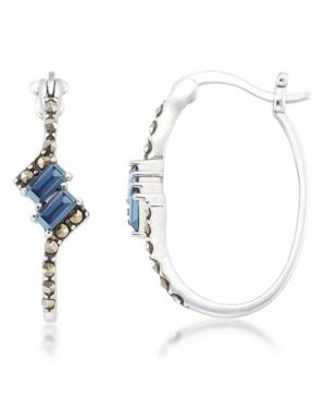 Blue Topaz (1/3 Ct. T.w.) & Marcasite Oval Hoops In Sterling Silver