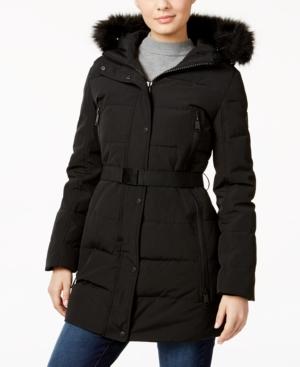 Calvin Klein Water Resistant Faux-fur-trim Belted Puffer Coat