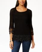Ny Collection Petite Pointelle Lace-trim Sweater