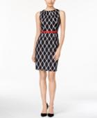 Connected Jewel-neck Belted Sheath Dress