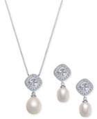 2-pc. Set Cultured Freshwater Pearl (7 X 9mm & 9 X 11mm) & Cubic Zirconia 18 Pendant Necklace & Drop Earrings In Sterling Silver