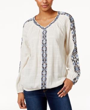 Style & Co Petite Cotton Embroidered Peasant Top, Only At Macy's