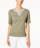Karen Scott Cotton Embroidered Studded Top, Only At Macy's