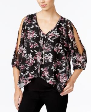 Bcx Juniors' Printed Cold-shoulder Necklace Top