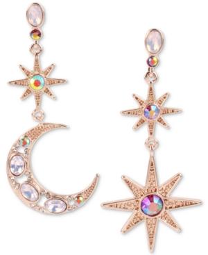 Betsey Johnson Gold-tone Multi-stone Star & Moon Mismatch Drop Earrings, Created For Macy's