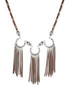 Silver-tone And Brown Suede Triple Fringe Statement Necklace