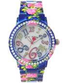 Betsey Johnson Women's Pink Floral Printed Blue Stainless Steel Bracelet Watch 42mm Bj00482-08