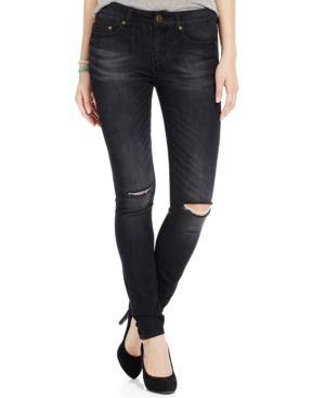 Indigo Blue Juniors' Embroidered-pocket Destroyed Skinny Jeans