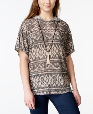 Ultra Flirt Juniors' Printed Hoodie Poncho With Necklace