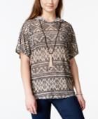 Ultra Flirt Juniors' Printed Hoodie Poncho With Necklace