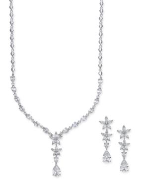 Nina Silver-tone Cubic Zirconia Floral Lariat Necklace And Matching Drop Earrings