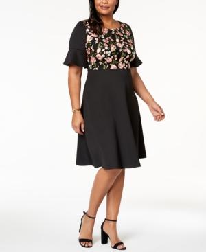 Sangria Plus Size Embroidered Flared-sleeve Dress