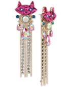 Betsey Johnson Two-tone Stone & Crystal Kitty Cat Fringe Drop Earrings