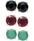 Sapphire (1-1/5 Ct. T.w.), Ruby (1-1/5 Ct. T.w.), And Emerald (1-1/5 Ct. T.w.) Earring Set In Gold Plated Sterling Silver