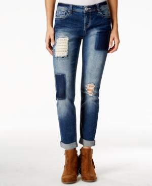 Vanilla Star Juniors' Lace Patchwork Cropped Cuffed Jeans