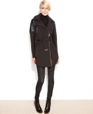 Bcbgeneration Coat, Hooded Faux-leather-trim Belted Soft-shell