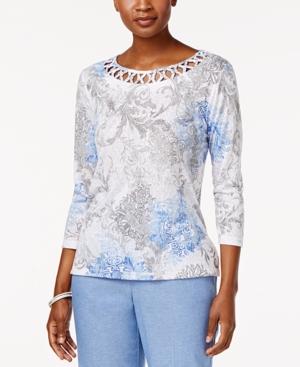 Alfred Dunner Long Weekend Printed Lattice-trim Top