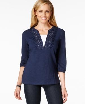 Karen Scott Pintucked Embellished Layered-look Top
