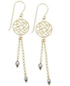 14k Yellow And White Gold Earrings, Two-tone Round Filigree Chain Drop Earrings