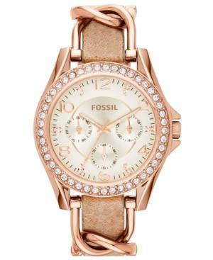 Fossil Women's Riley Rose Gold-tone Chain And Bone Leather Strap Watch 38mm Es3466
