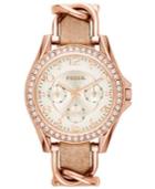 Fossil Women's Riley Rose Gold-tone Chain And Bone Leather Strap Watch 38mm Es3466