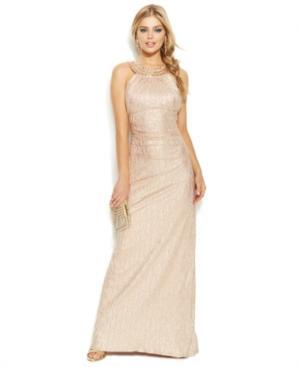 Xscape Embellished Metallic Halter Gown
