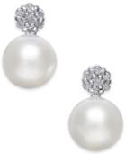 Cultured Freshwater Pearl (8mm) & Diamond (1/6 Ct. T.w.) Cluster Stud Earrings In 14k White Gold
