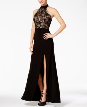 B Darlin Juniors' Strappy Sequined Mesh Halter Gown