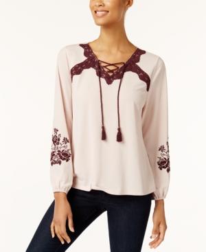 Style & Co Embroidered Lace-up Top, Created For Macy's