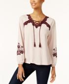 Style & Co Embroidered Lace-up Top, Created For Macy's