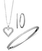 Sterling Silver Jewelry Set, Diamond Accent Heart Pendant, Hoop Earrings, And Bracelet