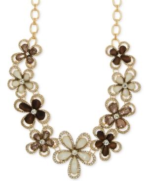Anne Klein Gold-tone Crystal & Wood Floral Statement Necklace