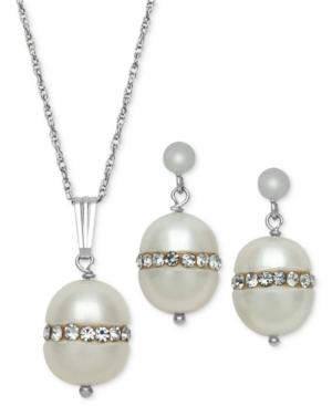 Sterling Silver Necklace And Earring Set, Cultured Freshwater Pearl (8mm) And Crystal Pendant And Earring Set