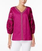 Charter Club Cotton Embroidered Bubble-sleeve Top, Only At Macy's