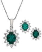Lab Created Emerald (1-1/5 Ct. T.w.) & White Sapphire (1 Ct. T.w.) Pendant Necklace & Stud Earrings In Sterling Silver