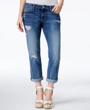 Tommy Hilfiger Gingham-trim Ripped Medium Wash Boyfriend Jeans