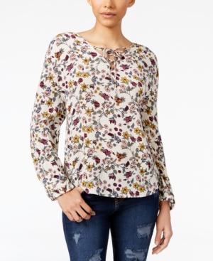 7 Sisters Juniors' Printed Lace-up Peasant Top