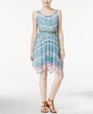 As U Wish Juniors' Printed Belted Handkerchief-hem Dress
