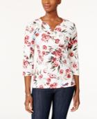 Karen Scott Petite Floral-print Henley Top, Created For Macy's