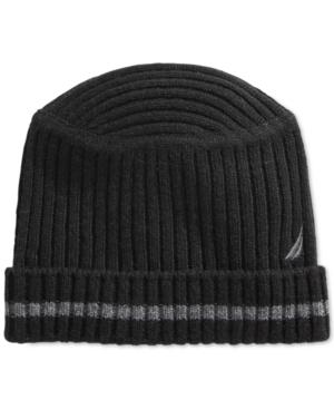 Nautica Hat, Striped Flat-top Ribbed Beanie