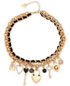 Guess Gold-tone Pave Charms Woven Faux Suede Statement Necklace