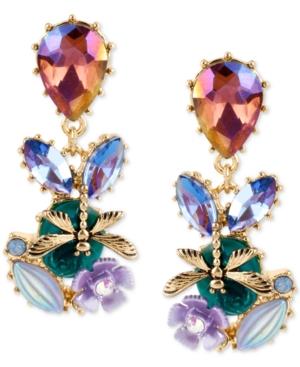 Betsey Johnson Gold-tone Multi-stone Flower And Dragonfly Drop Earrings