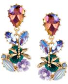Betsey Johnson Gold-tone Multi-stone Flower And Dragonfly Drop Earrings