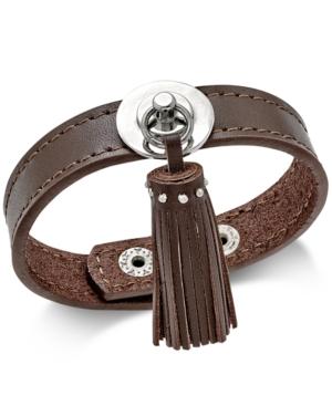 Silver-tone Brown Leather Tassel Snap Bracelet