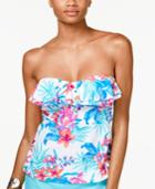 Island Escape Indo Nights Floral-print Ruffled Strapless Tankini Top Women's Swimsuit