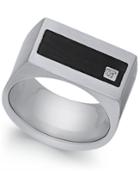 Sutton By Rhona Sutton Men's Stainless Steel Cubic Zirconia And Black Enamel Ring