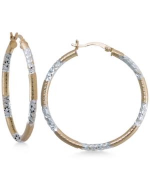 Two-tone Textured Hoop Earrings In Sterling Silver And 14k Gold-plate