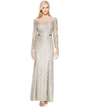 Betsy & Adam Long-sleeve Open-back Lace Gown