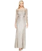 Betsy & Adam Long-sleeve Open-back Lace Gown